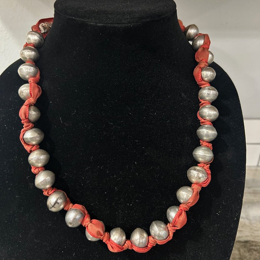Vintage Native American Silver Necklace with Ribbon Accent